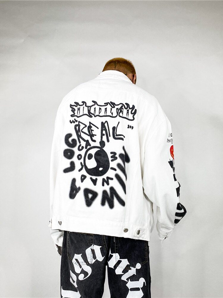 [ETHEREAL DUALITY] Yin Yang Graffiti Print Denim Jacket