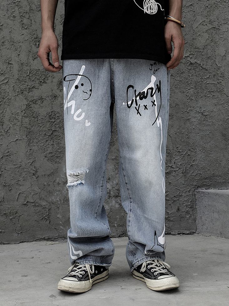 printed ripped jeans