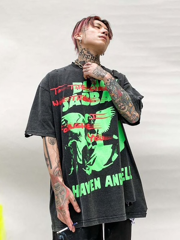 [HEAVEN AND HELL] Grunge Ripped Oversized T-shirt