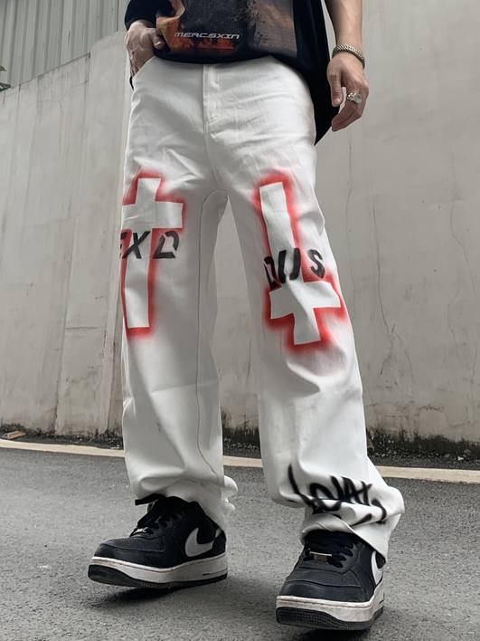 [EXODUS] Cross Graffiti Print Oversized Trousers